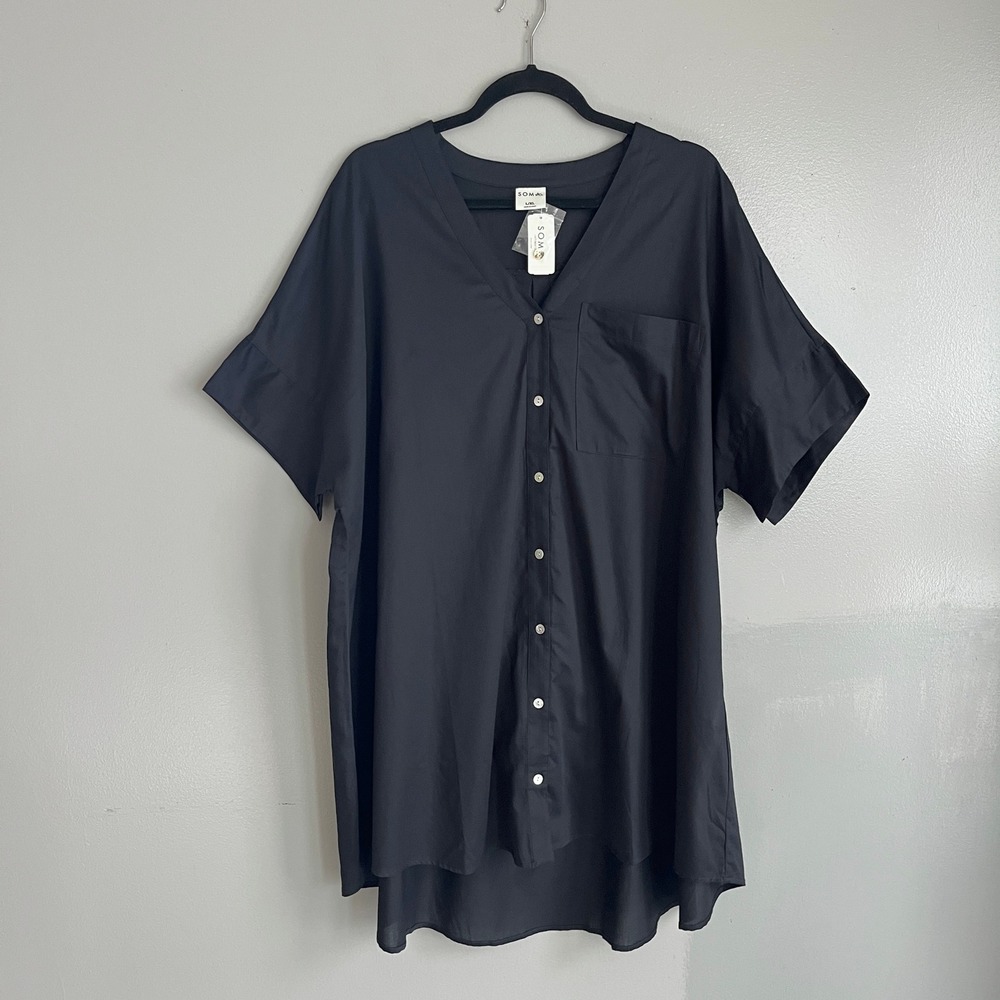 Soma Swim Cover Up Womens L/XL Black Cotton Button Up V-Neck Beach Coastal NWT